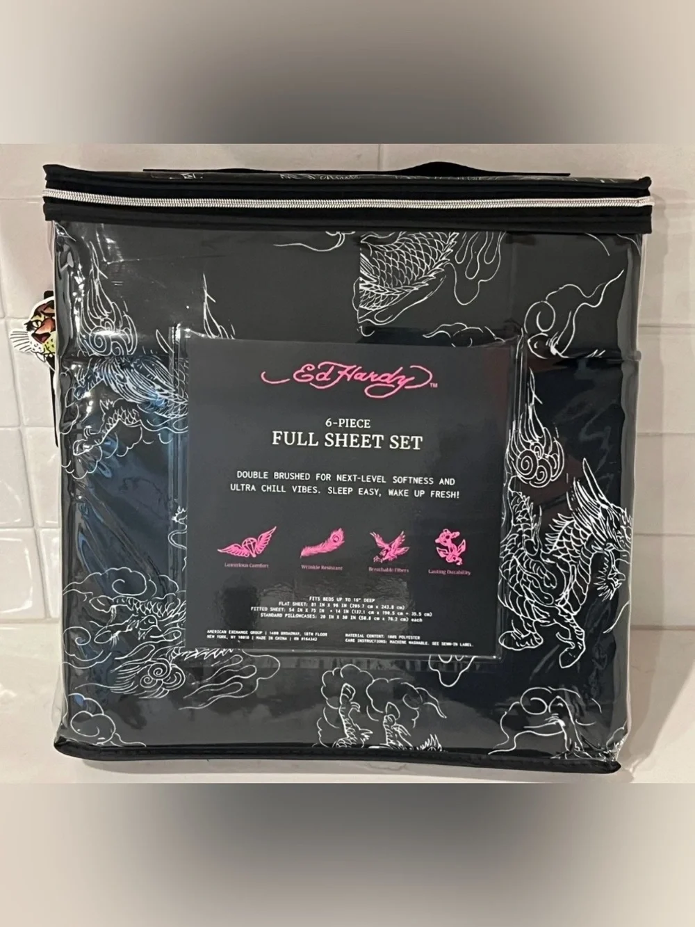 ED HARDY FULL Sheet Set 6pc New Black White Dragon Tattoo Grunge Y2K NIP Print